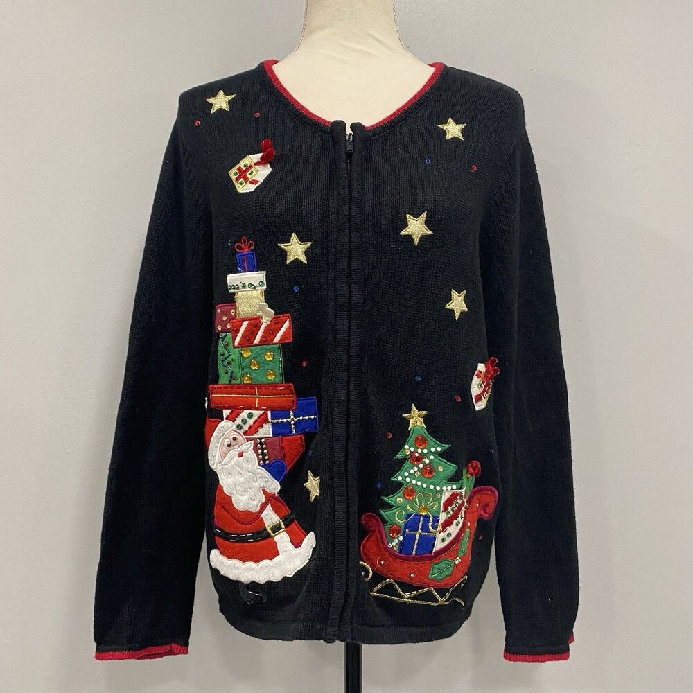 VTG Tiara Int'l M Black Ugly Christmas Sweater Zipper Cardigan Santa Embroidered